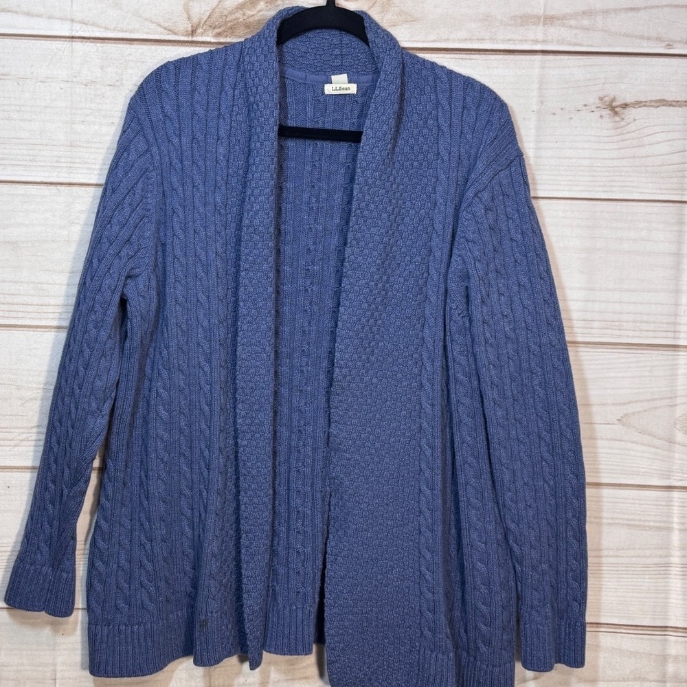 L.L.Bean Cardigan Sweater Womens 2X Blue Cable Knit Cotton Open Front